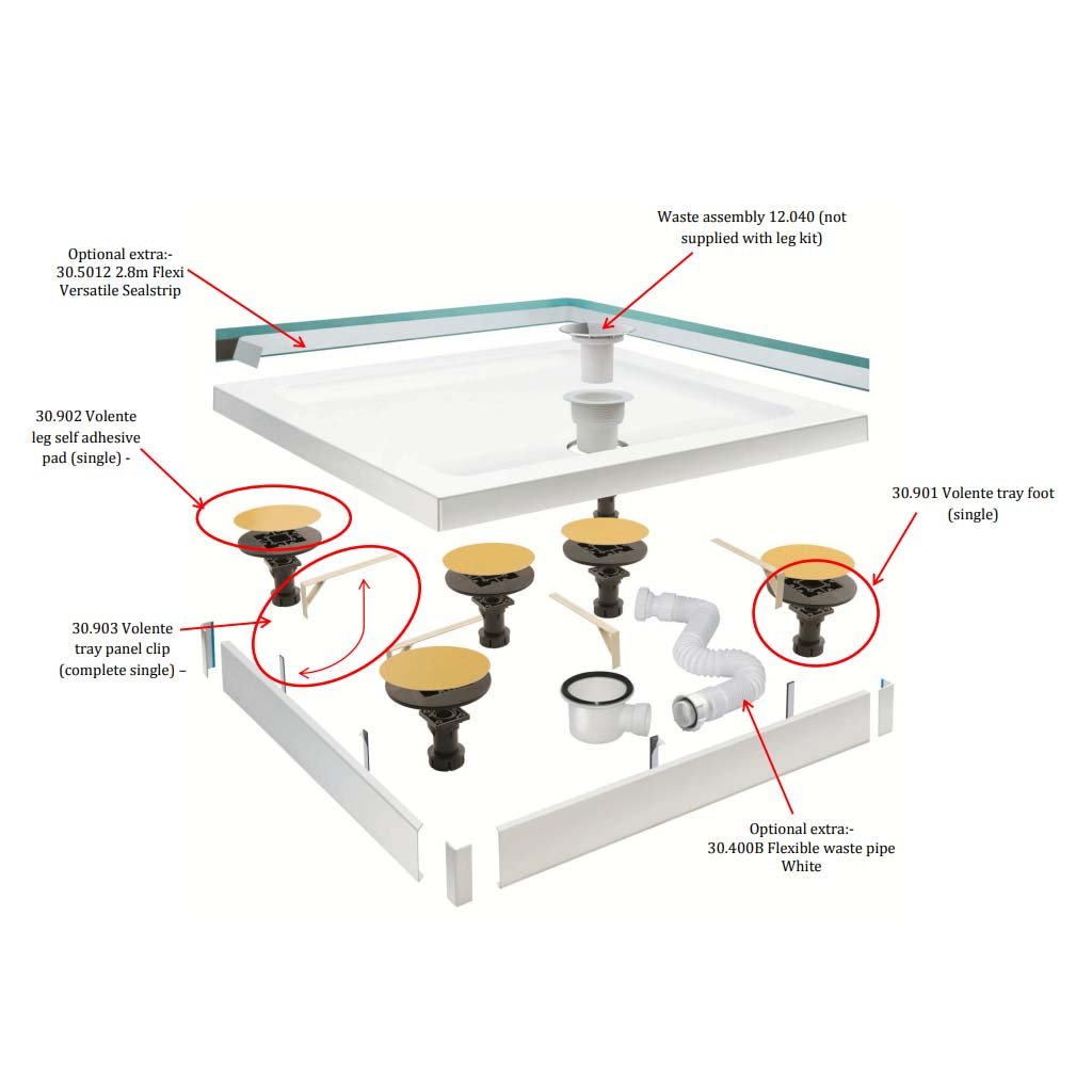 Volente Legs & Panel Kit for up to 1200mm x 1000mm Quadrant Shower Trays - White