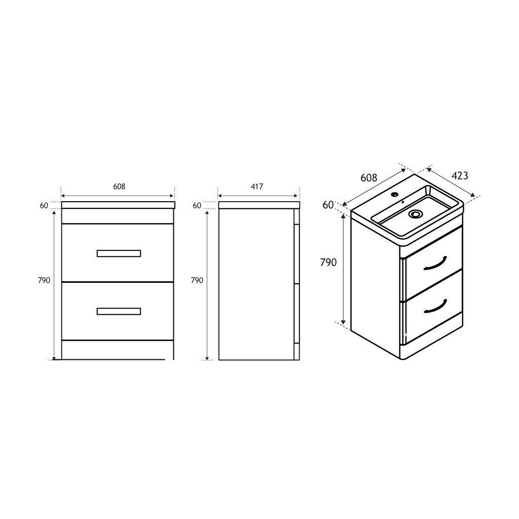 Cavone 60CM 2 Drawer Basin Vanity Unit - High gloss white 