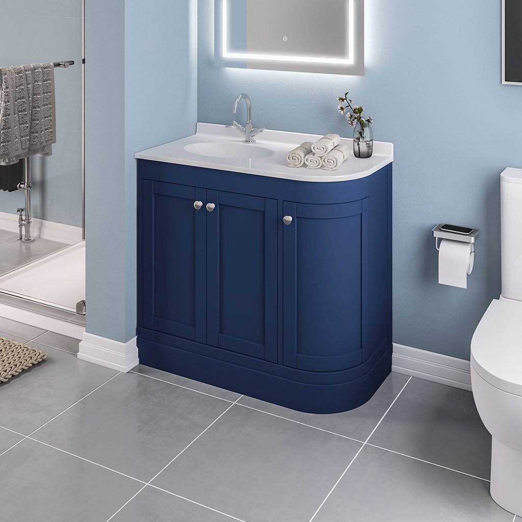 Hardwick 90cm Right Hand (RH) 3 Door Corner Cabinet Basin Unit - Matt Blue