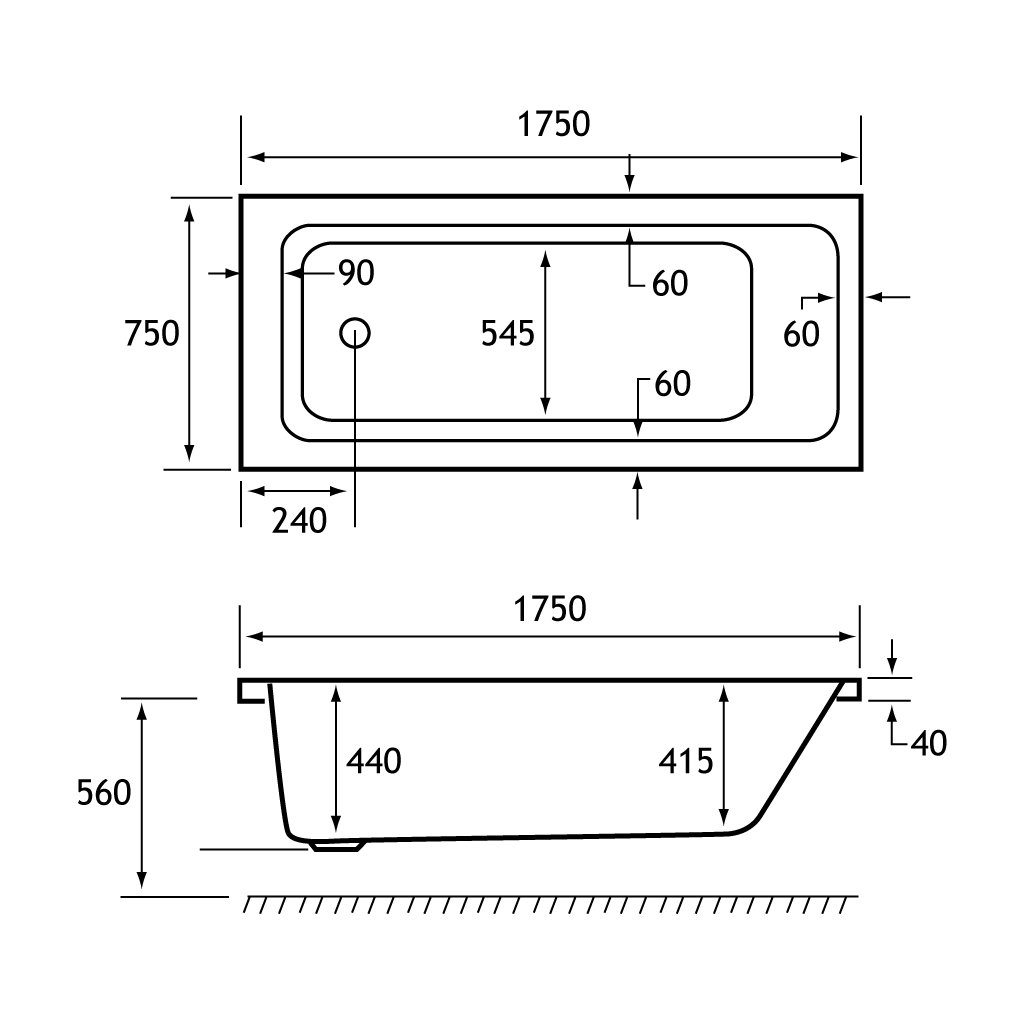 Portland Single Ended (SE) 1750 x 750 x 440mm 5mm Bath - White