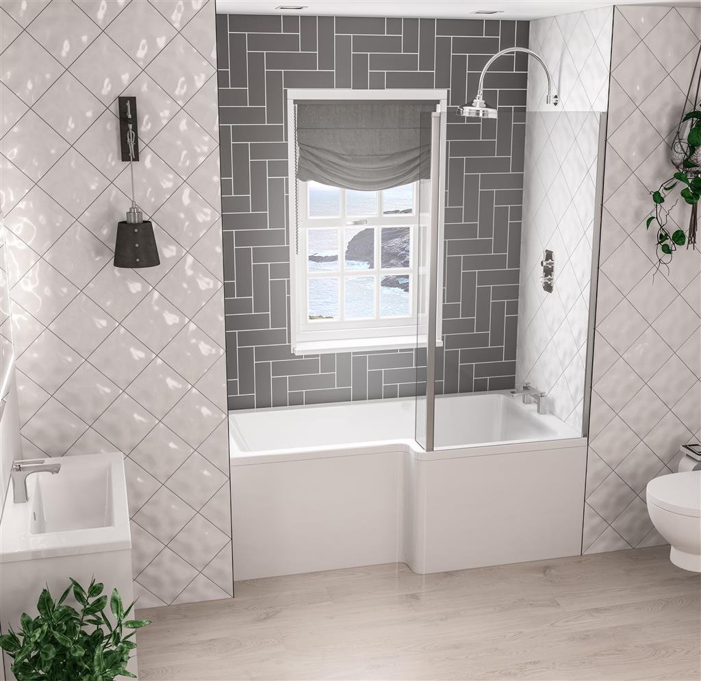 Portland 1700 x 850 x 440mm Right Hand (RH) L-Shaped 5mm Shower Bath - White