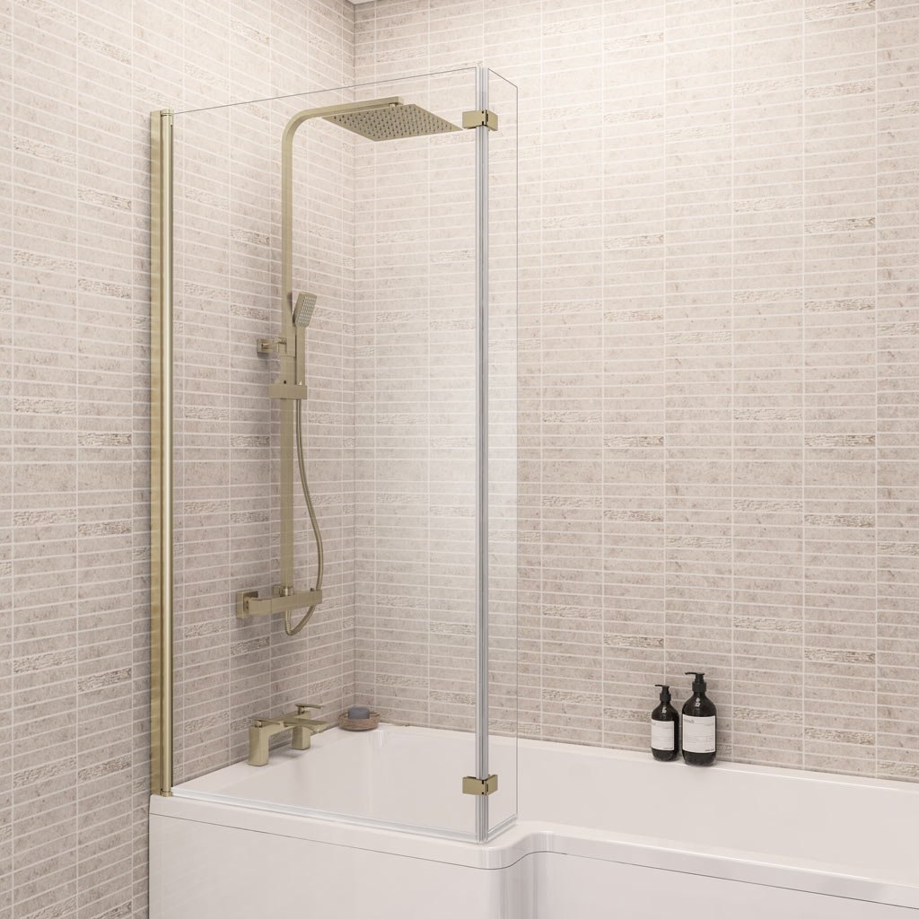 6mm 1400 x 835mm Left Hand (LH) L-Shaped Bath Screen - Brushed Brass