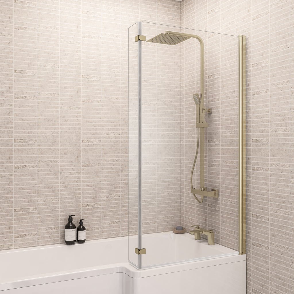 6mm 1400 x 835mm Right Hand (RH) L-Shaped Bath Screen - Brushed Brass