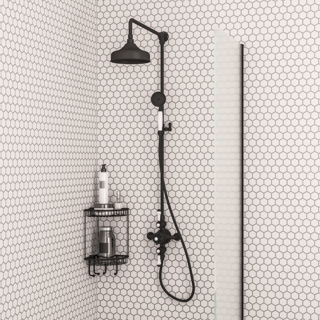 Traditional Twin Thermostatic exposed shower Valve with Rigid riser with 8'' Rose Head - Black