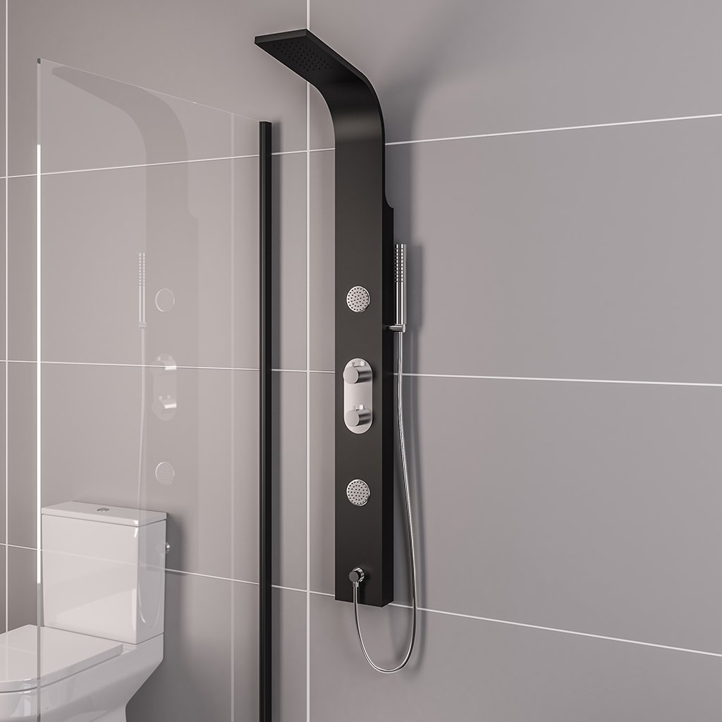 Derwent Shower Panel with Thermostatic Valve, Body Jets, Round Shower Handset & Hose - Black & Chrome