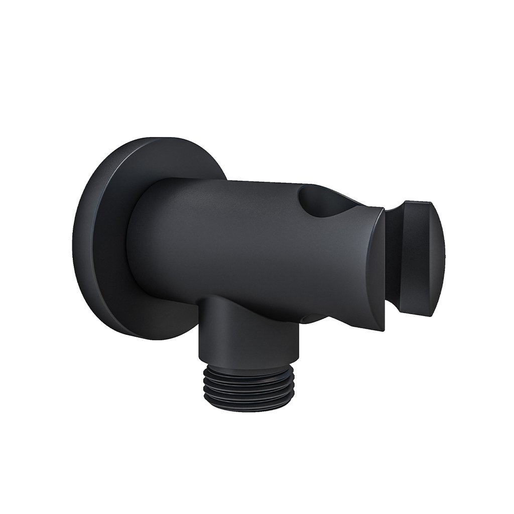 Round Outlet Elbow with Shower Holder - Smooth Black