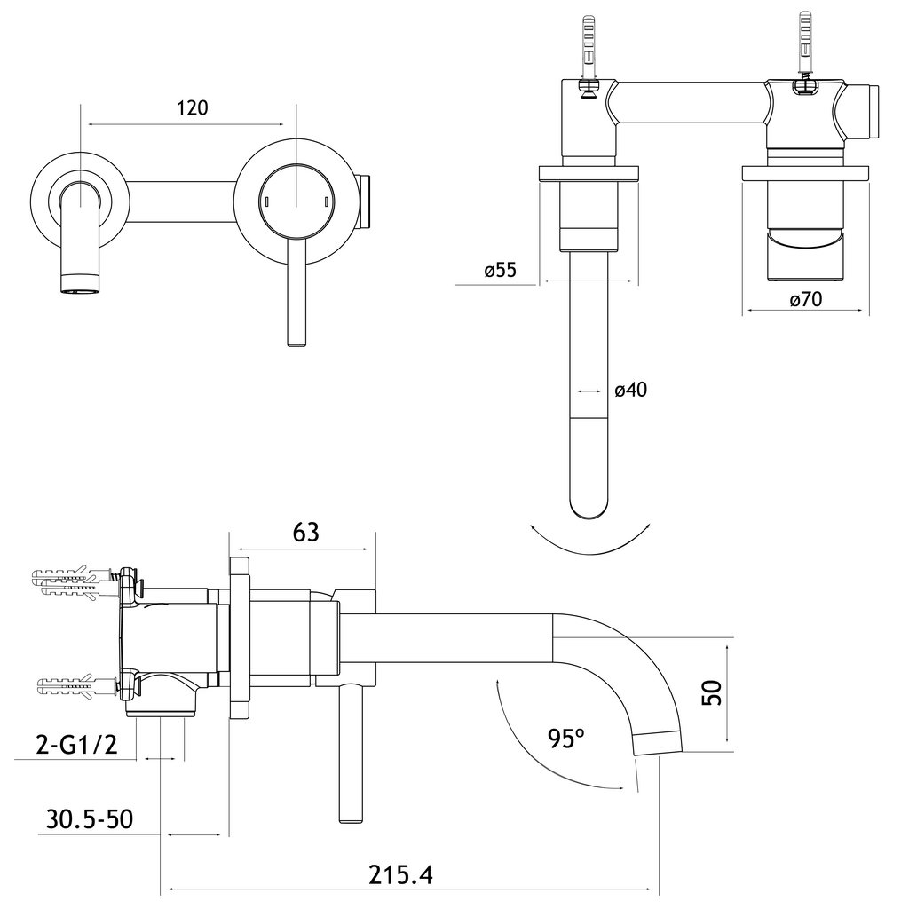 Meriden Wall Mounted Basin Mixer Tap with Curved Spout Chrome