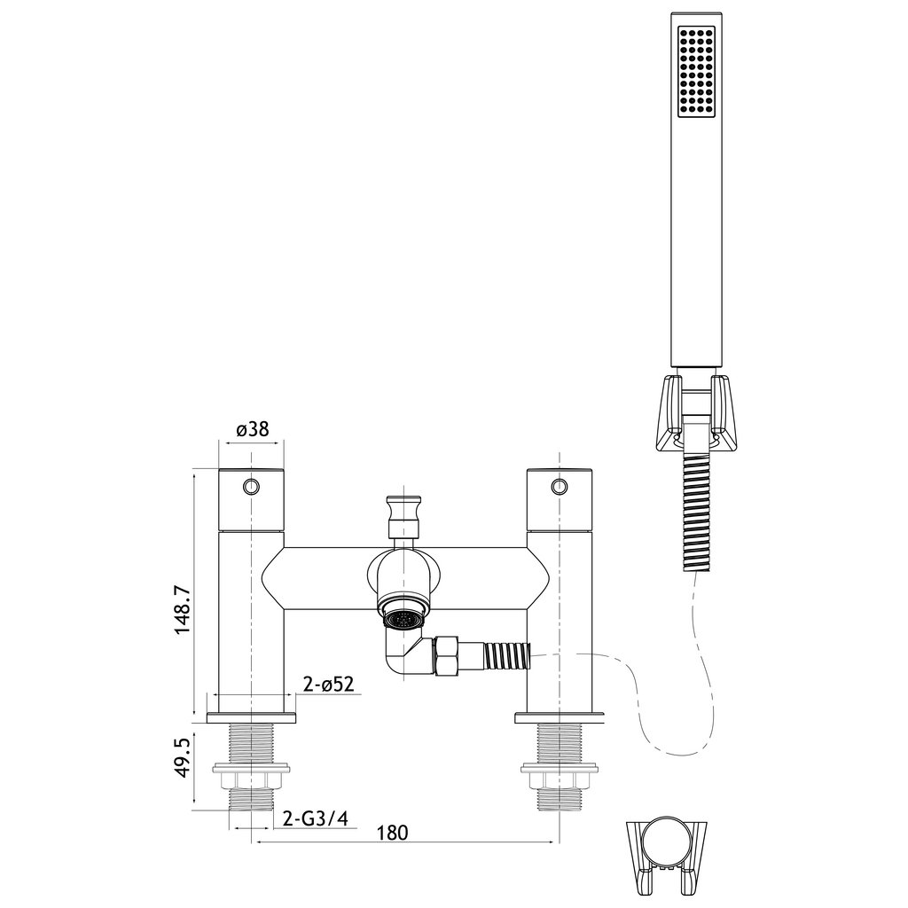 Meriden Bath Shower Mixer Tap with Handset, Hose and Holder Chrome