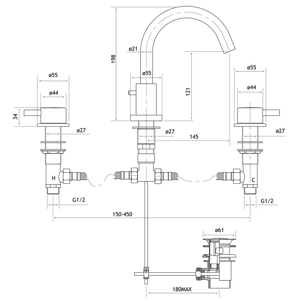 Meriden 3 Tap Hole Basin Mixer Tap Set Matt Black 