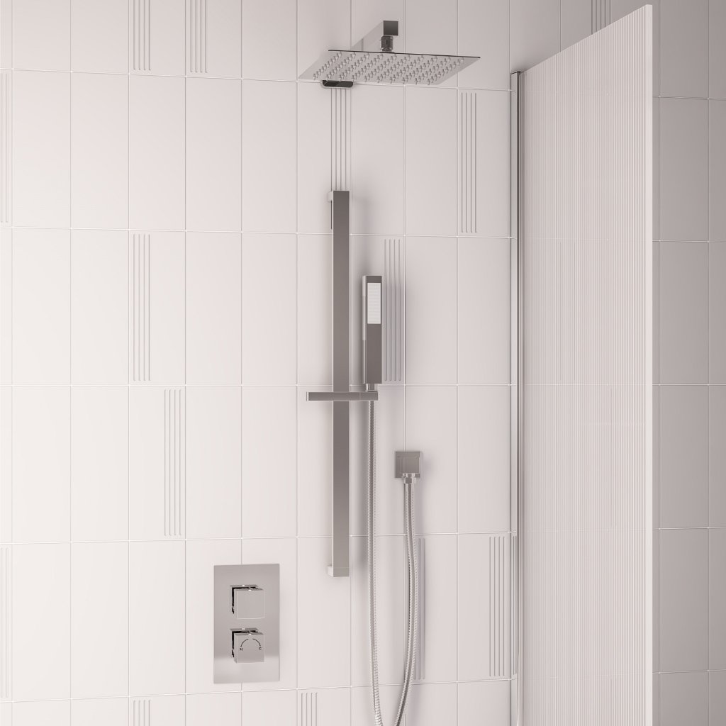 Square Thermostatic Shower Bundle with Shower Head, Valve, Round Riser Kit & Handset - Chrome