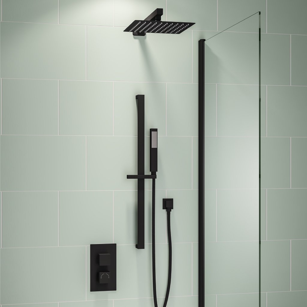 Square Thermostatic Shower Bundle with Shower Head, Valve, Round Riser Kit & Handset - Black with Chrome