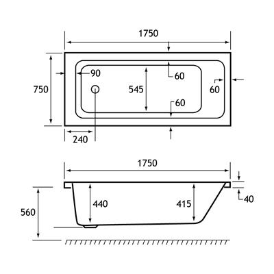 Portland Single Ended (SE) 1750 x 750 x 440mm 5mm Bath - White