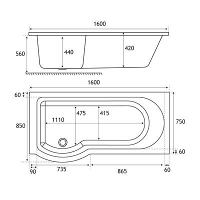 Portland 1600 x 850 x 440mm Left hand (LH) P-Shaped Beauforte Shower Bath - White