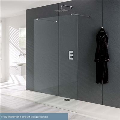 Valliant Type B 8mm 1950mm x 1100mm Walk-In Shower Panel with 2 x Support Bars - Chrome