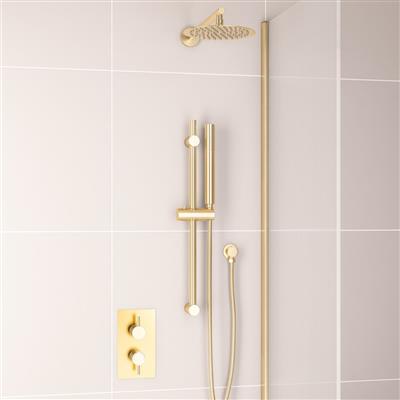 Round Thermostatic Shower Bundle with Shower Head, Valve, Round Riser Kit & Handset - Brushed Brass