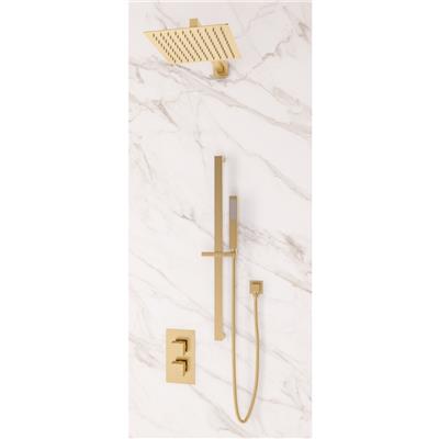 Square Thermostatic Shower Bundle with Shower Head, Valve, Round Riser Kit & Handset - Brushed Brass